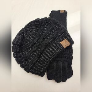 CC Black Knit Beanie and Gloves Set